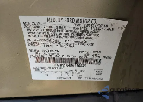 2013 Ford Taurus Limited из США, поврежденный, VIN 1FAHP2F84DG110835